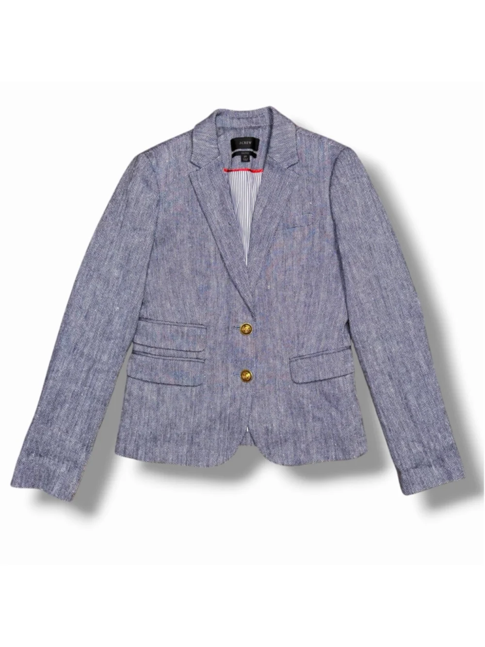 J.Crew Womens Blazer 2 TALL Blue Linen Dalton Herringbone Gold Button Tweed EUC